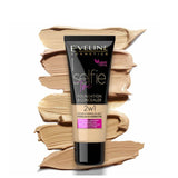 Eveline Selfie Time Covering Foundation & Concealer - foundation tube displayed over matching shade swatches
