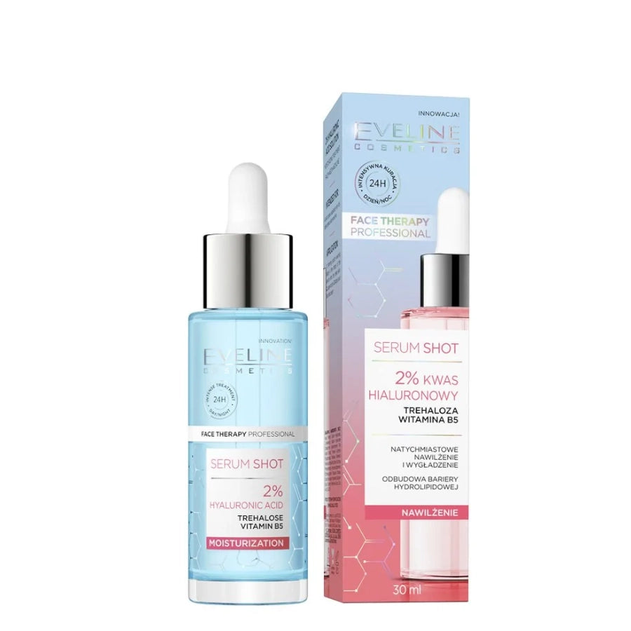 Eveline Serum Shot 2% Hyaluronic Acid & Trehalose Serum Moisturization - retail packaging on a white background