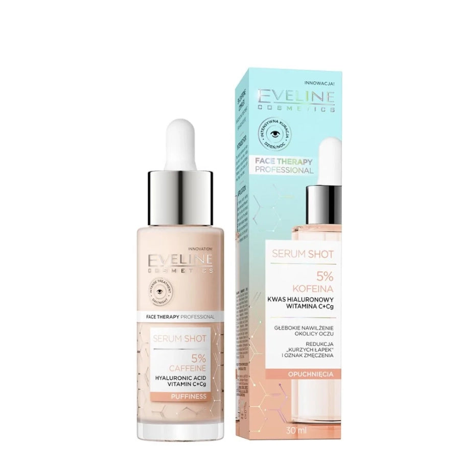 Eveline Serum Shot 5% Caffeine & Hyaluronic Acid Eye Serum Puffiness - arranged with the included components on a white background