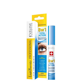 Eveline Total Action Concentrated Eyelash Serum 8in1 - arranged with the included components on a white background