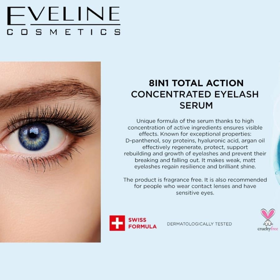 Eveline Total Action Concentrated Eyelash Serum 8in1 - product displayed with its packaging on a dark background