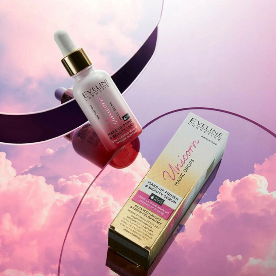 Eveline Unicorn Drops 2in1 Makeup Primer & Beauty Serum - product displayed with its packaging on a dark background