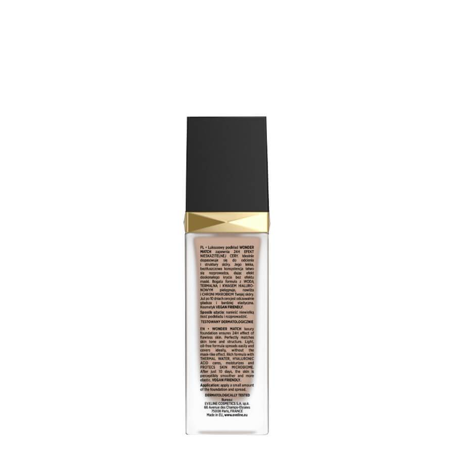 Eveline Wonder Match Foundation Satin Finish - foundation tube displayed over matching shade swatches