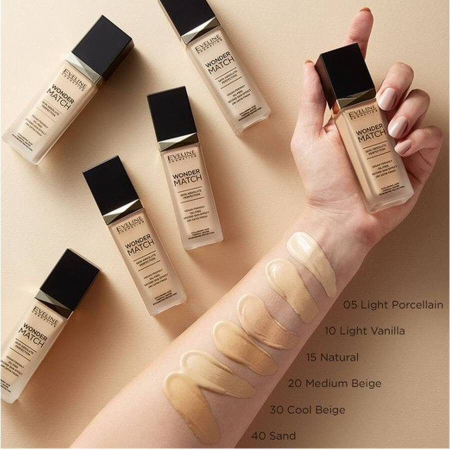 Eveline Wonder Match Foundation Satin Finish - shade swatches shown beside the product