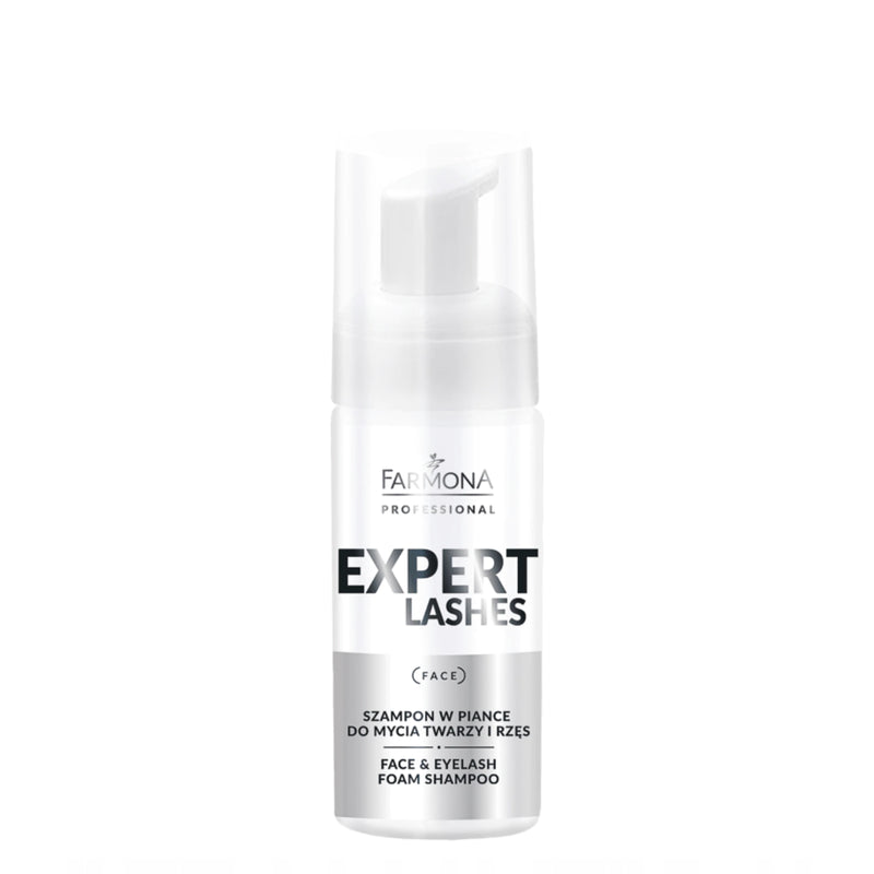 Farmona Professional Expert Lashes Face & Eyelash Foam Shampoo - arranged with the included components on a white background