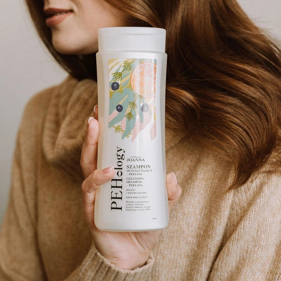 Joanna PEHology Cleansing Shampoo Peeling - product and colour result shown on hair