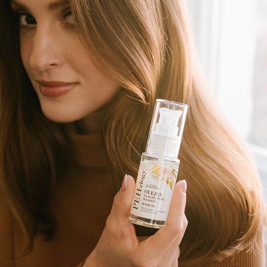 Joanna PEHology Hair Oil for Ends - product displayed with its packaging on a dark background
