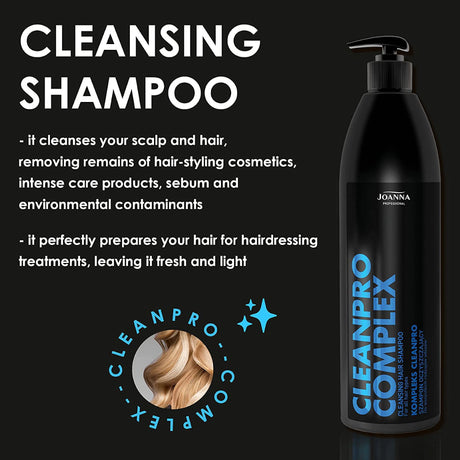 Joanna Professional Cleanpro Complex Cleansing Shampoo - product and colour result shown on hair