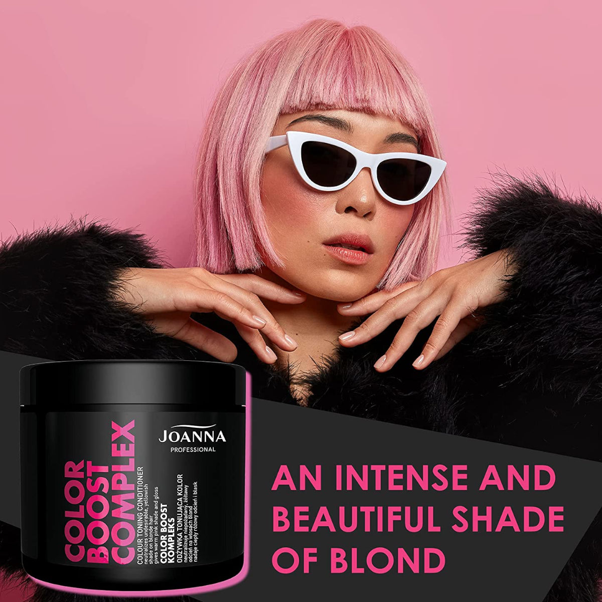 Joanna Professional Color Boost Complex Colour Toning Conditioner - product and colour result shown on hair