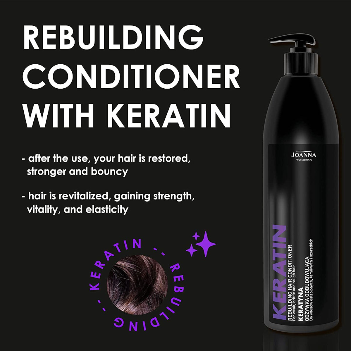 Joanna Professional Keratin Rebuilding Conditioner for Weak & Brittle Hair - product and colour result shown on hair