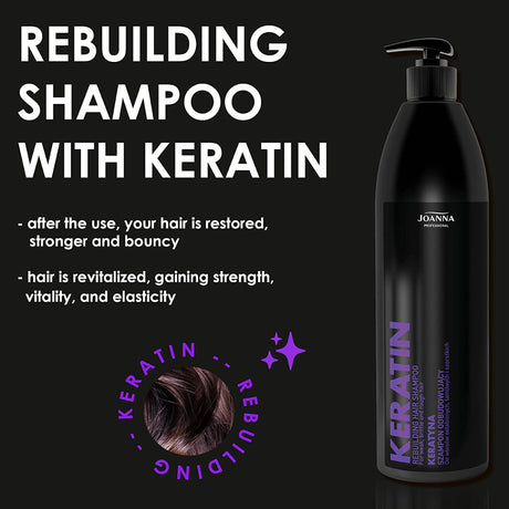 Joanna Professional Keratin Rebuilding Shampoo for Weak & Brittle Hair - product and colour result shown on hair