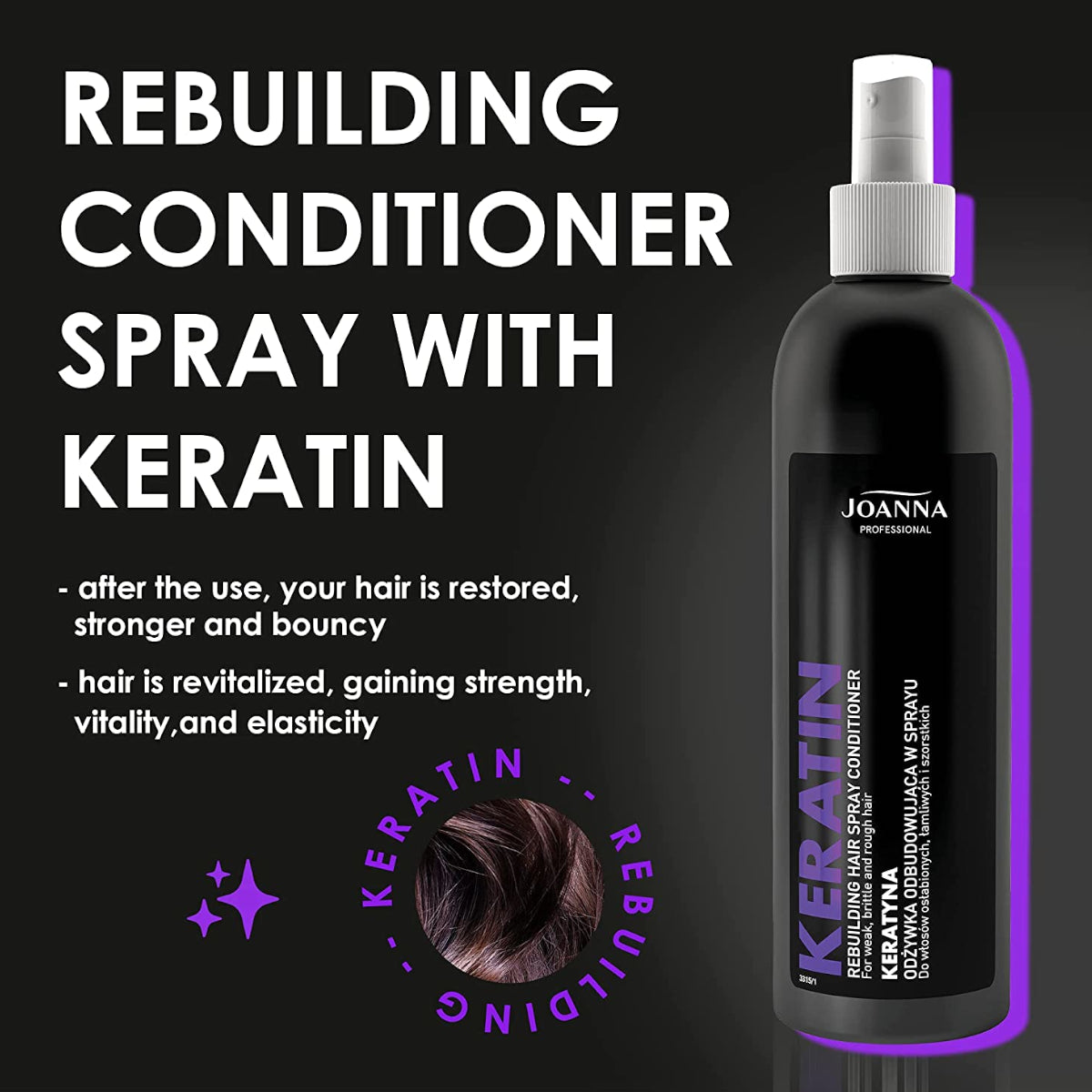 Joanna Professional Keratin Rebuilding Spray Conditioner - product and colour result shown on hair