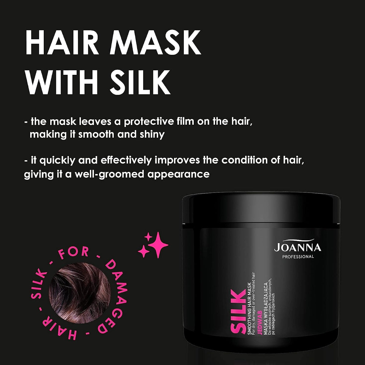 Joanna Professional Silk Smoothing Hair Mask for Dry & Damaged Hair - product and colour result shown on hair