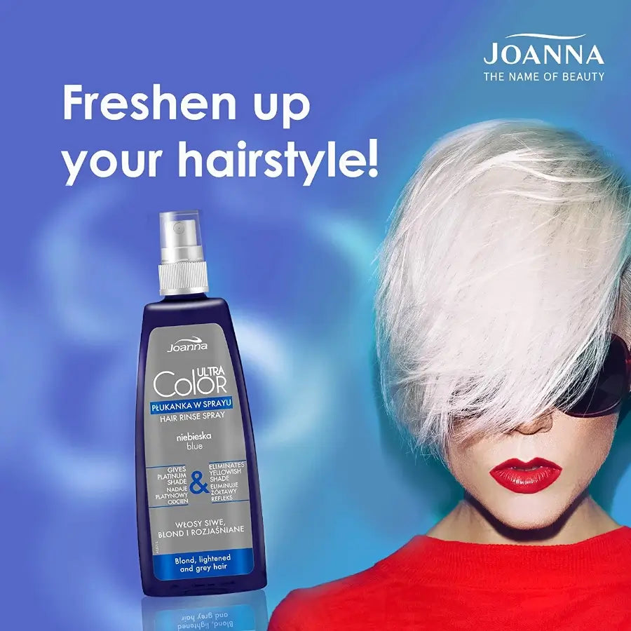 Joanna Ultra Color Blue Hair Rinse Spray Eliminate Yellow Shade - product and colour result shown on hair