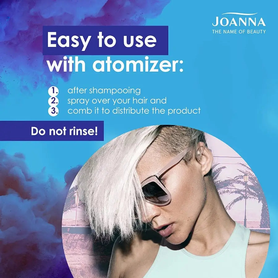Joanna Ultra Color Blue Hair Rinse Spray Eliminate Yellow Shade - product and colour result shown on hair