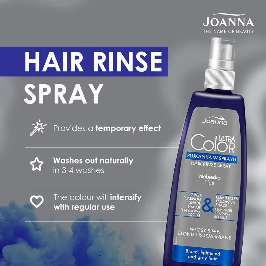 Joanna Ultra Color Blue Hair Rinse Spray Eliminate Yellow Shade - product and colour result shown on hair