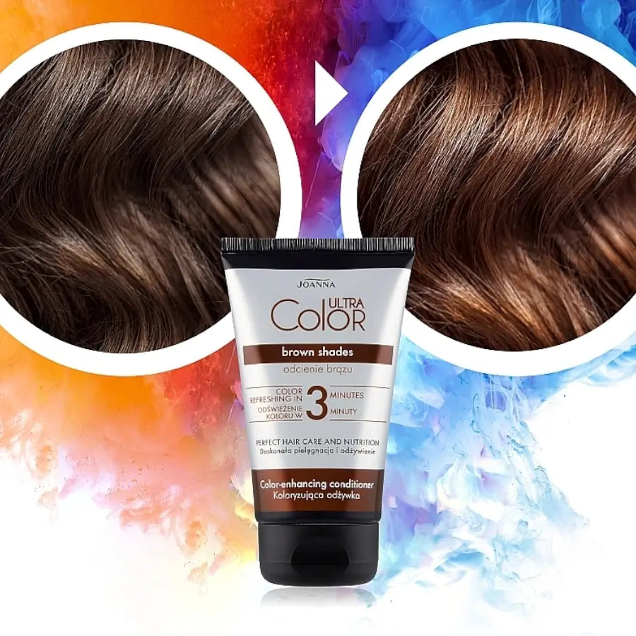 Joanna Ultra Color Brown Colouring Conditioner - product and colour result shown on hair