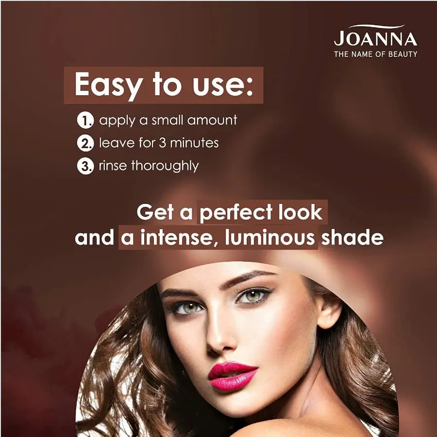 Joanna Ultra Color Brown Colouring Conditioner - product and colour result shown on hair