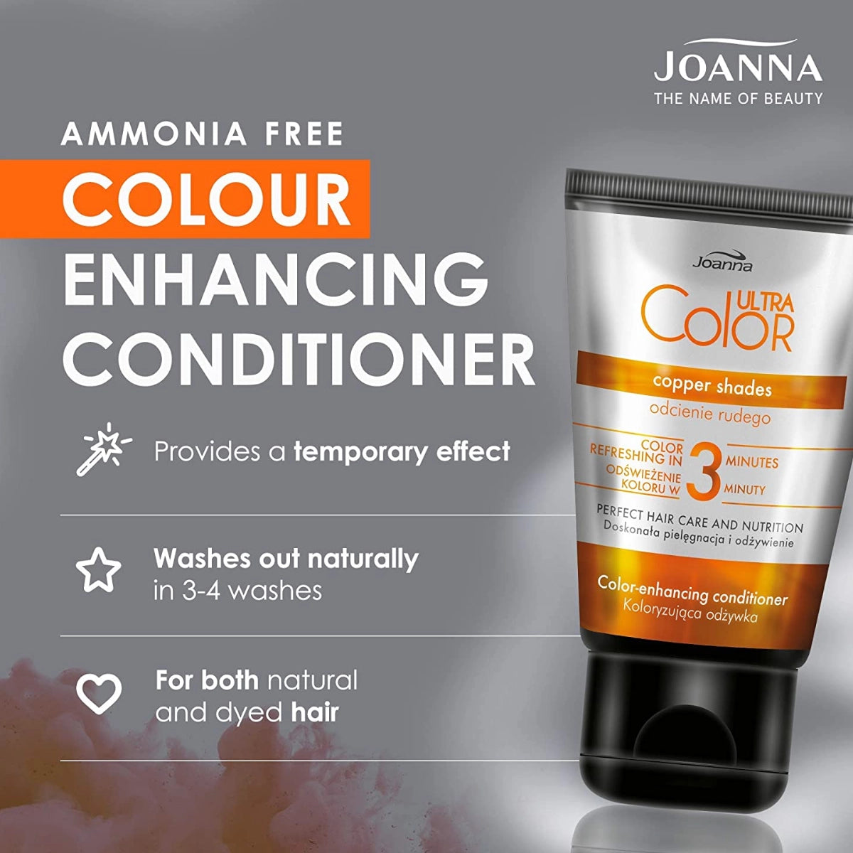 Joanna Ultra Color Copper Colouring Conditioner - shade swatches shown beside the product