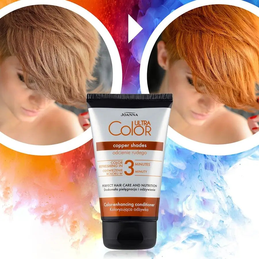Joanna Ultra Color Copper Colouring Conditioner - product and colour result shown on hair