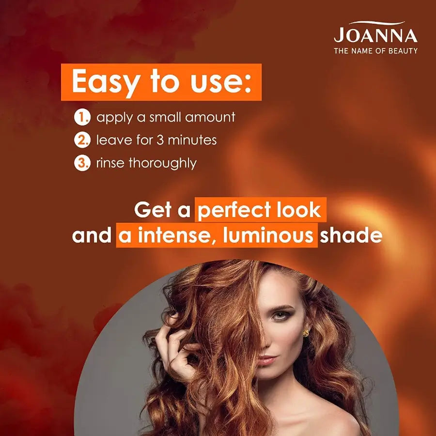 Joanna Ultra Color Copper Colouring Conditioner - product and colour result shown on hair