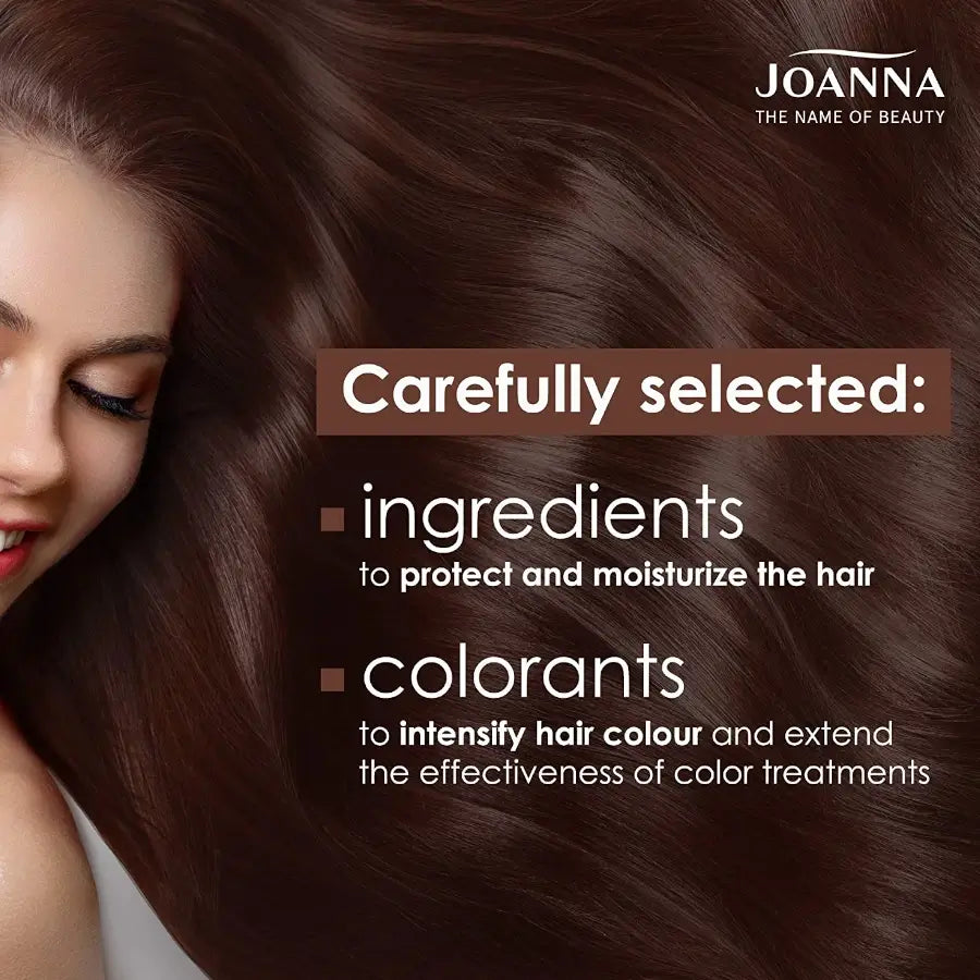 Joanna Ultra Color Hair Shampoo Brown & Auburn Hairs - shade swatches shown beside the product