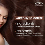 Joanna Ultra Color Hair Shampoo Brown & Auburn Hairs - shade swatches shown beside the product