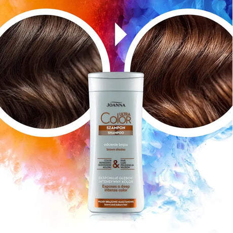 Joanna Ultra Color Hair Shampoo Brown & Auburn Hairs - product and colour result shown on hair