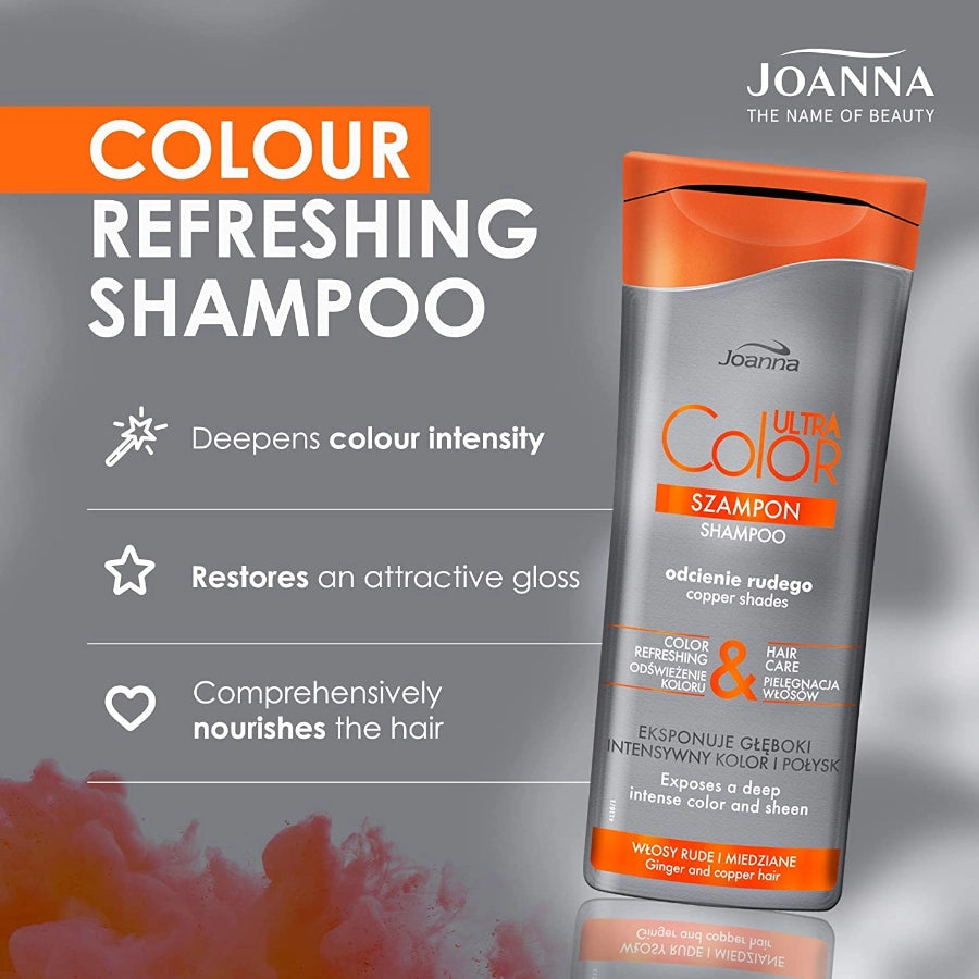 Joanna Ultra Color Hair Shampoo Ginger & Copper Hair - shade swatches shown beside the product