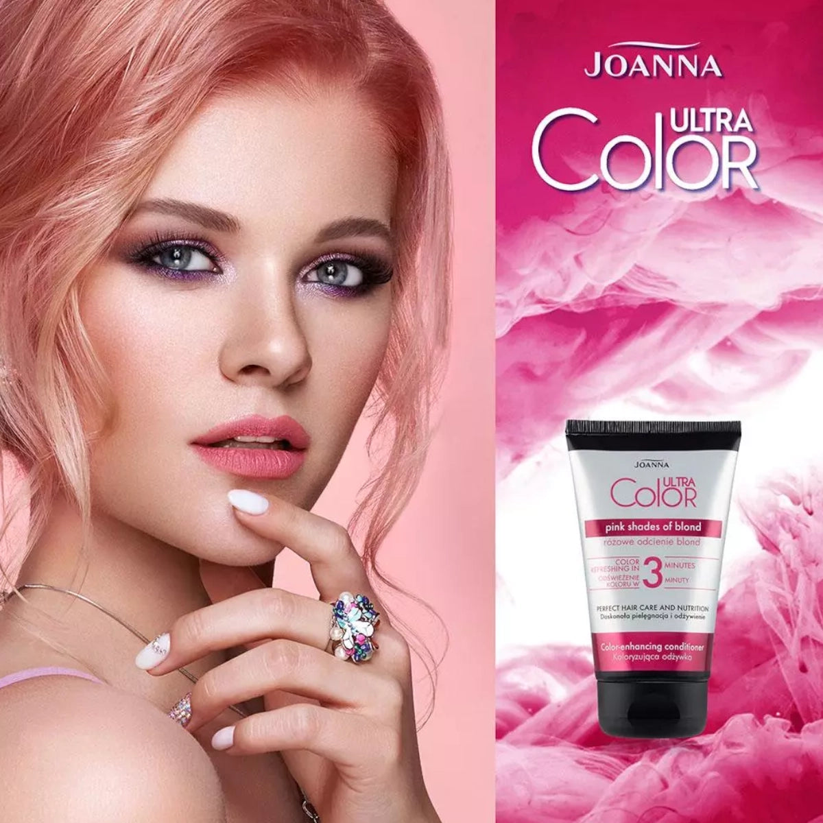 Joanna Ultra Color Pink Colouring Conditioner - shade swatches shown beside the product