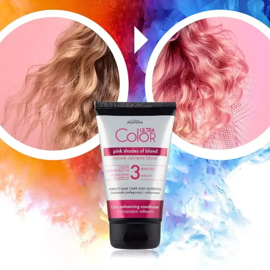 Joanna Ultra Color Pink Colouring Conditioner - product and colour result shown on hair