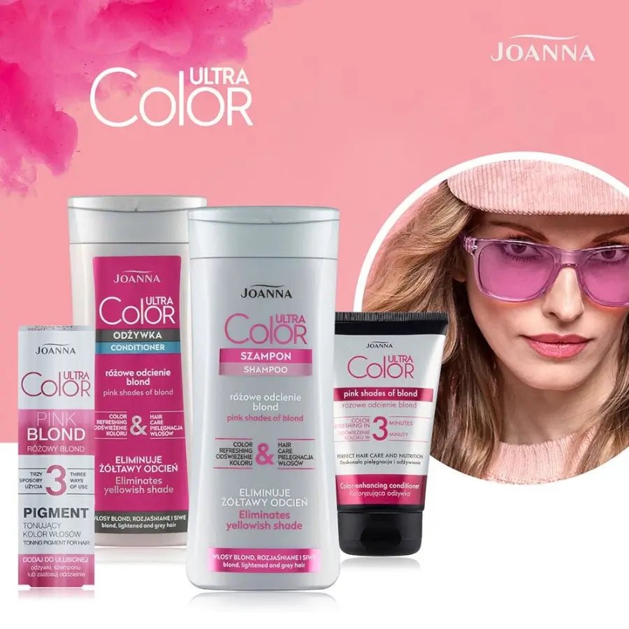 Joanna Ultra Color Pink Colouring Conditioner - product and colour result shown on hair