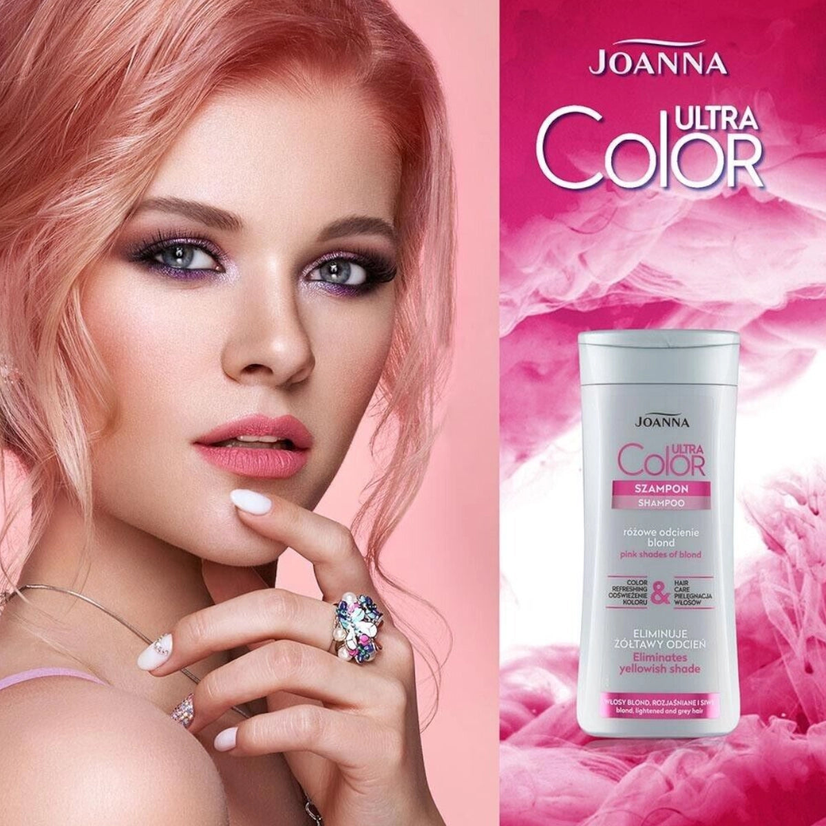 Joanna Ultra Color Pink Hair Shampoo Eliminate Yellow Shade - shade swatches shown beside the product