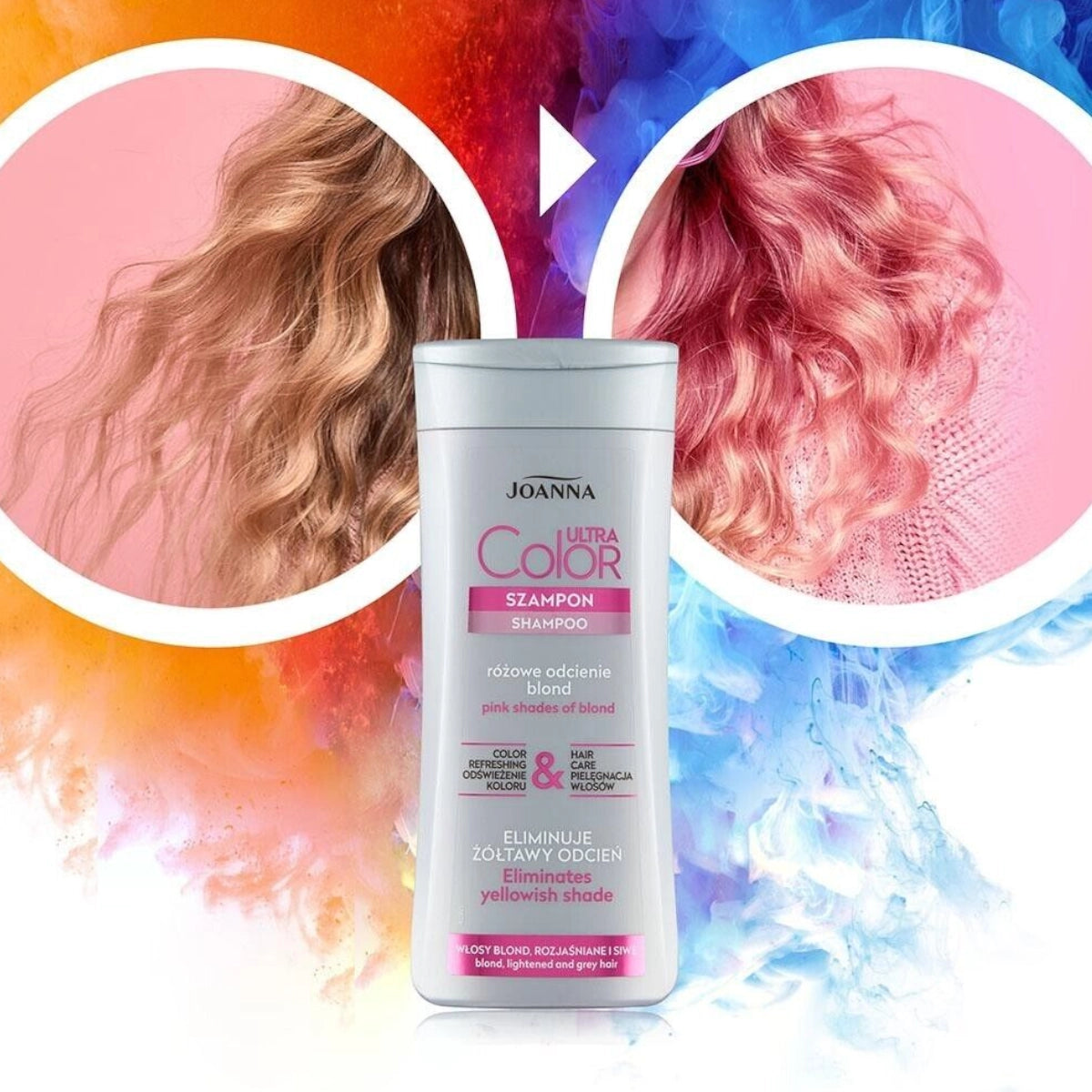Joanna Ultra Color Pink Hair Shampoo Eliminate Yellow Shade - shade swatches shown beside the product