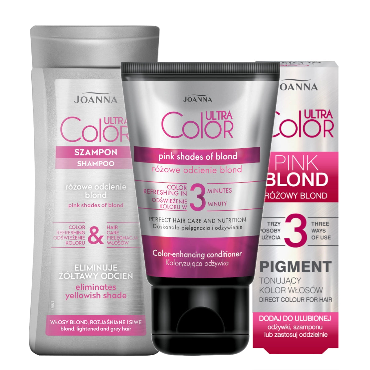 Joanna Ultra Color Pink Shades of Blonde Colour Enhancing Hair Bundle - shade swatches shown beside the product