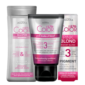 Joanna Ultra Color Pink Shades of Blonde Colour Enhancing Hair Bundle - shade swatches shown beside the product