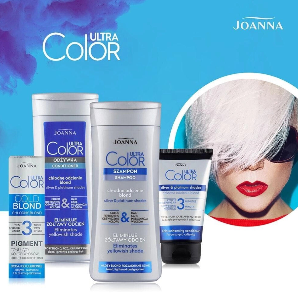 Joanna Ultra Color Silver Blond Hair Pigment - shade swatches shown beside the product