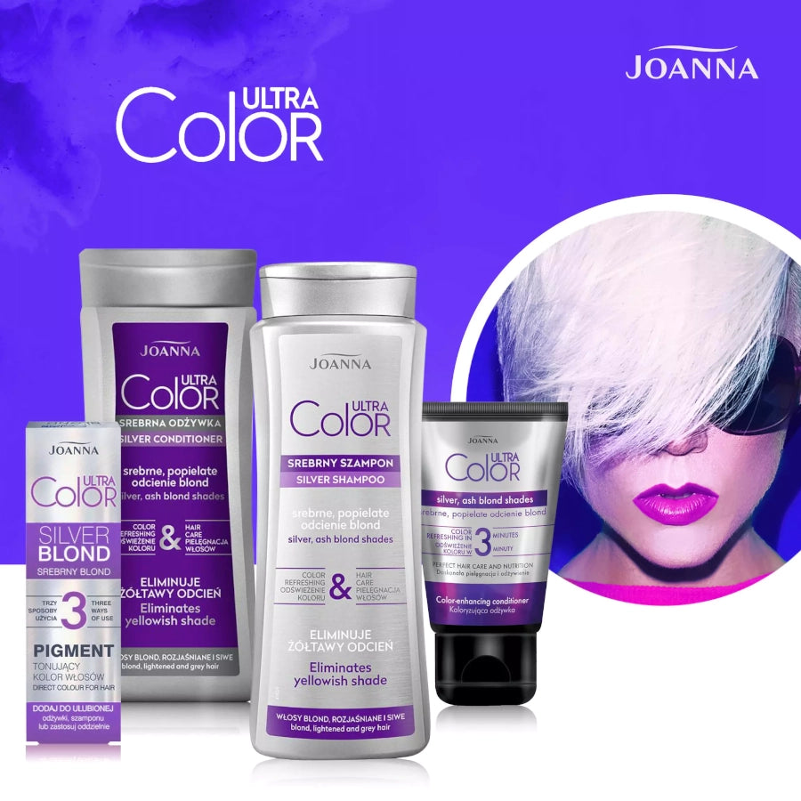 Joanna Ultra Color Silver Conditioner Eliminate Yellow Shade - product and colour result shown on hair