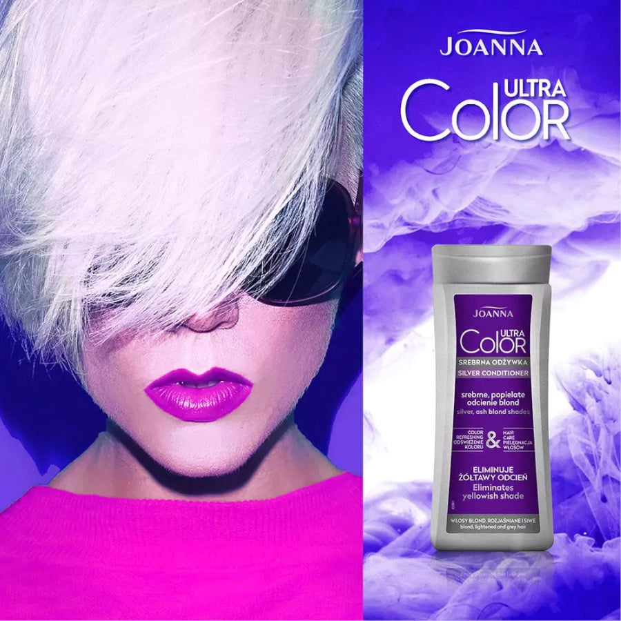 Joanna Ultra Color Silver Conditioner Eliminate Yellow Shade - product and colour result shown on hair