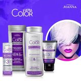 Joanna Ultra Color Silver Hair Shampoo Eliminate Yellow Shade - product and colour result shown on hair