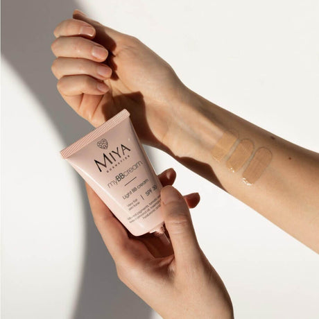 Miya Cosmetics myBBcream Light BB Face Cream SPF30 - shade swatches shown beside the product
