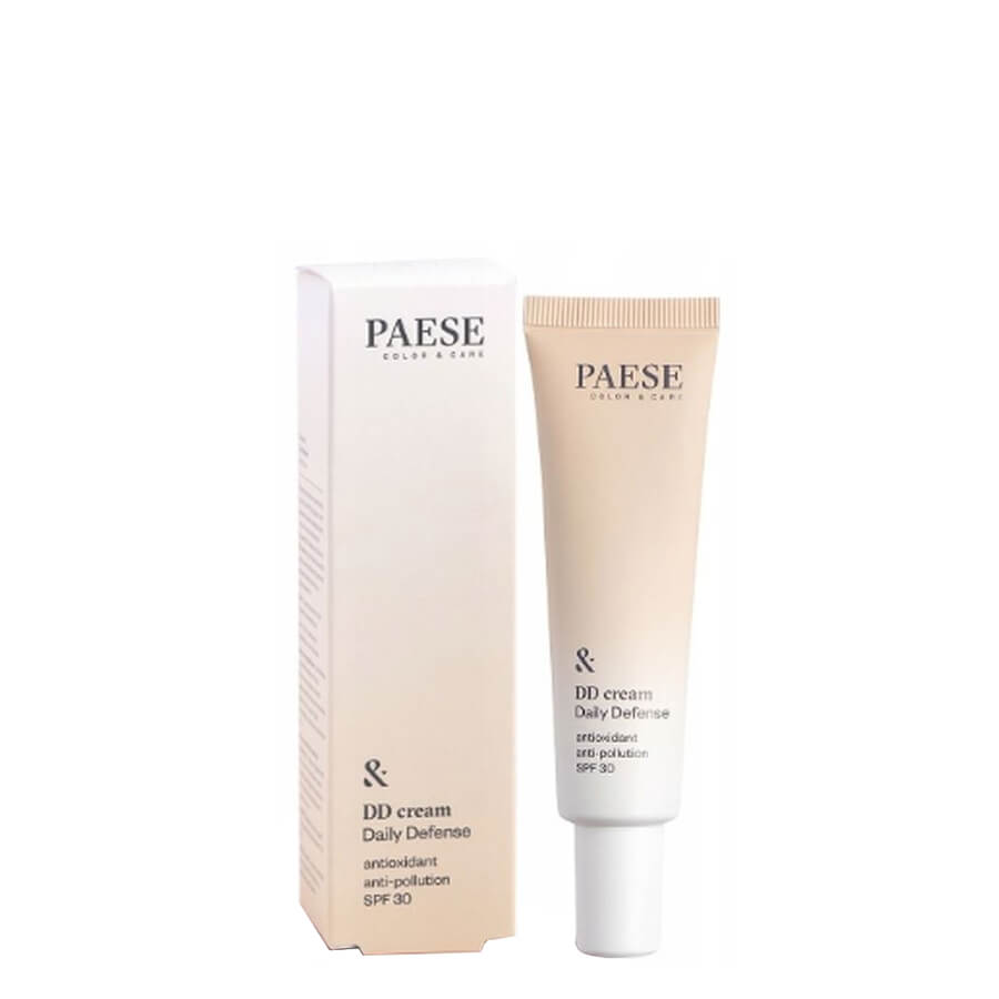 Paese DD Cream Daily Defense SPF30 - foundation tube displayed over matching shade swatches