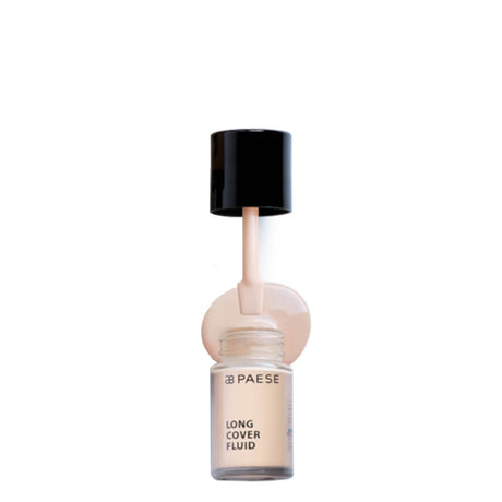 Paese Long Cover Fluid Coverage Foundation - foundation tube displayed over matching shade swatches