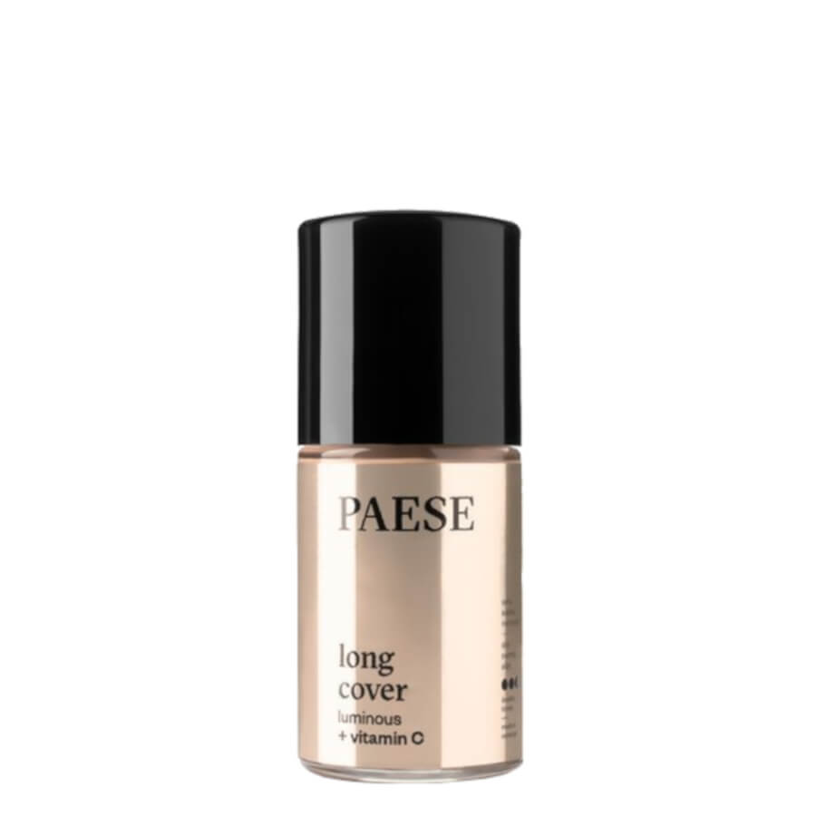 Paese Long Cover Luminous & Vitamin C Foundation - foundation tube displayed over matching shade swatches