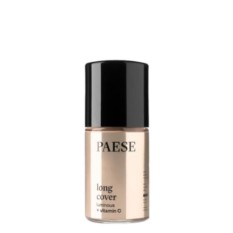 Paese Long Cover Luminous & Vitamin C Foundation - foundation tube displayed over matching shade swatches