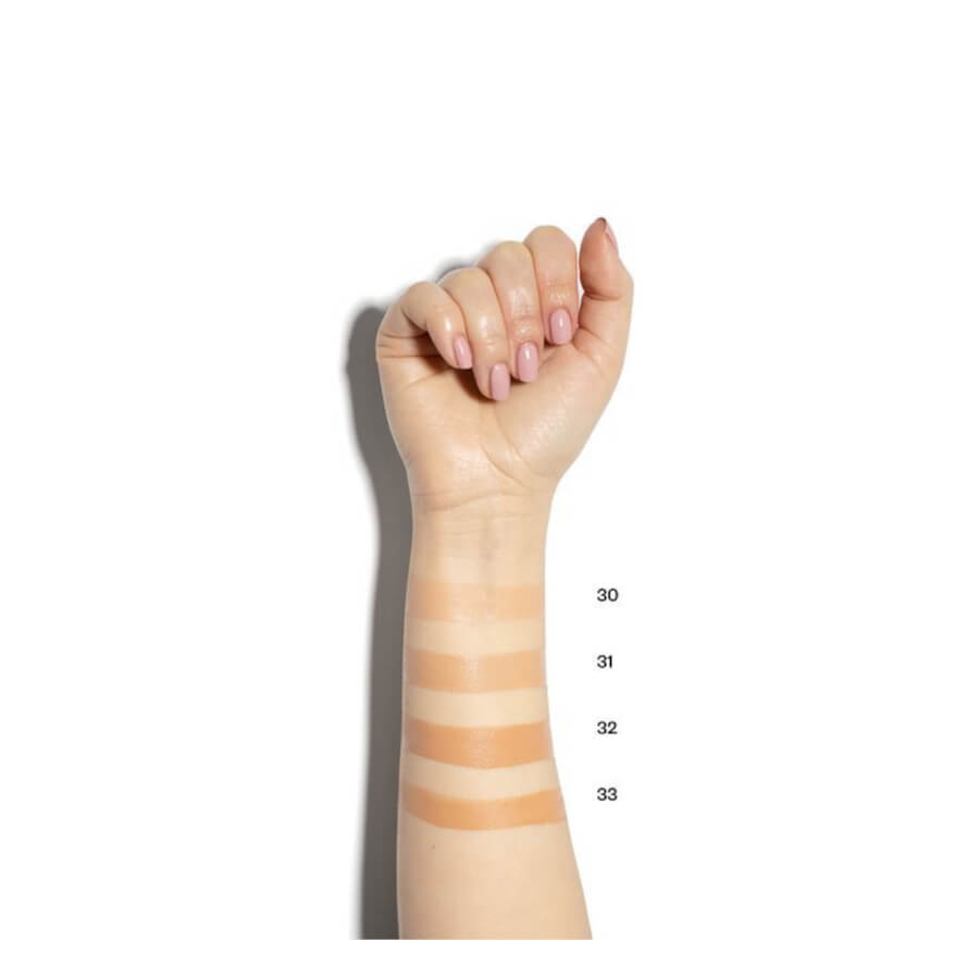 Paese Lush Satin Multivitamin & Brightening Foundation - shade swatches shown beside the product