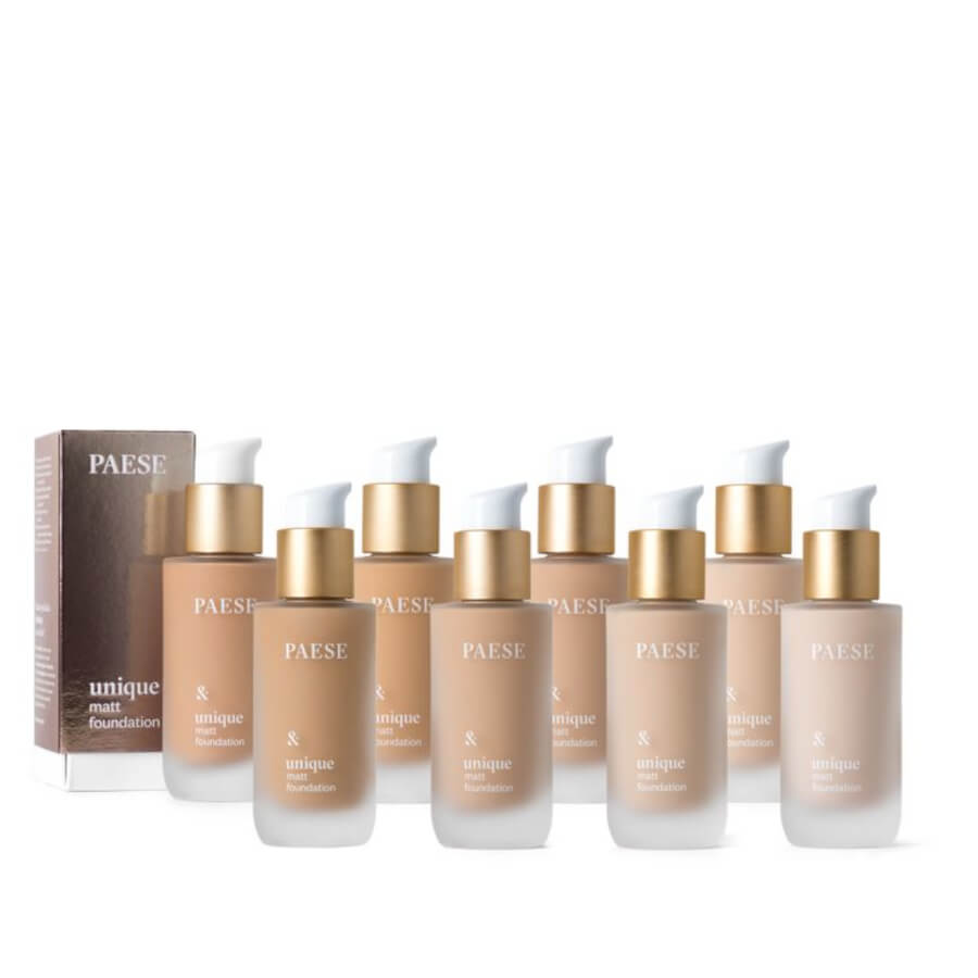 Paese Unique Matt Foundation - shade swatches shown beside the product
