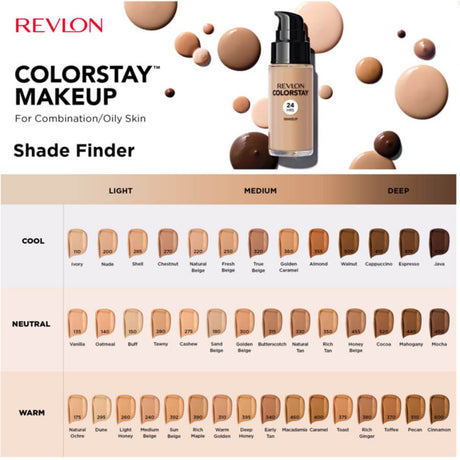 Revlon ColorStay Foundation Combination & Oily Skin SPF15 - shade swatches shown beside the product