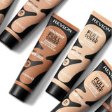 Revlon ColorStay Full Cover Foundation SPF10 - foundation tube displayed over matching shade swatches