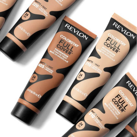 Revlon ColorStay Full Cover Foundation SPF10 - foundation tube displayed over matching shade swatches